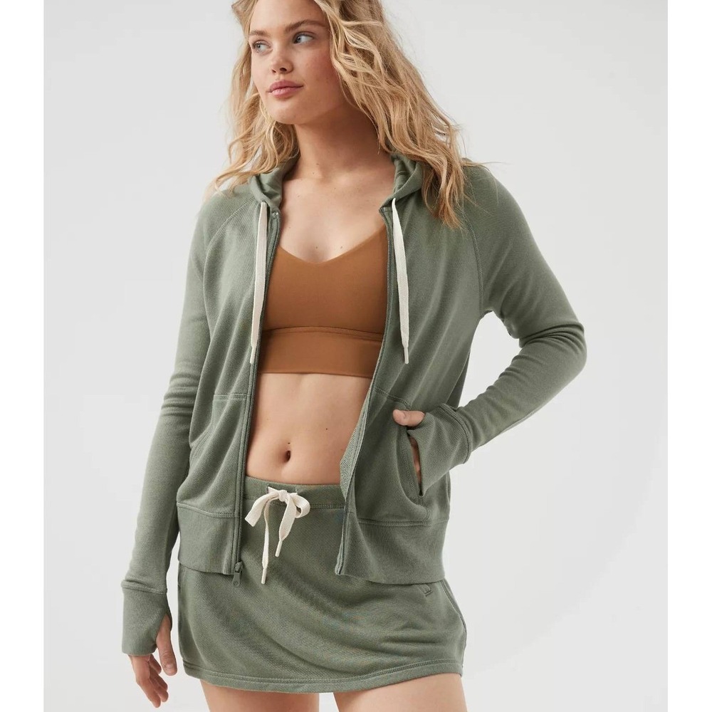 OFFLINE by‎ Aerie Womens XS Olive Green Full Zip Raglan Hoodie Sweatshirt Casual